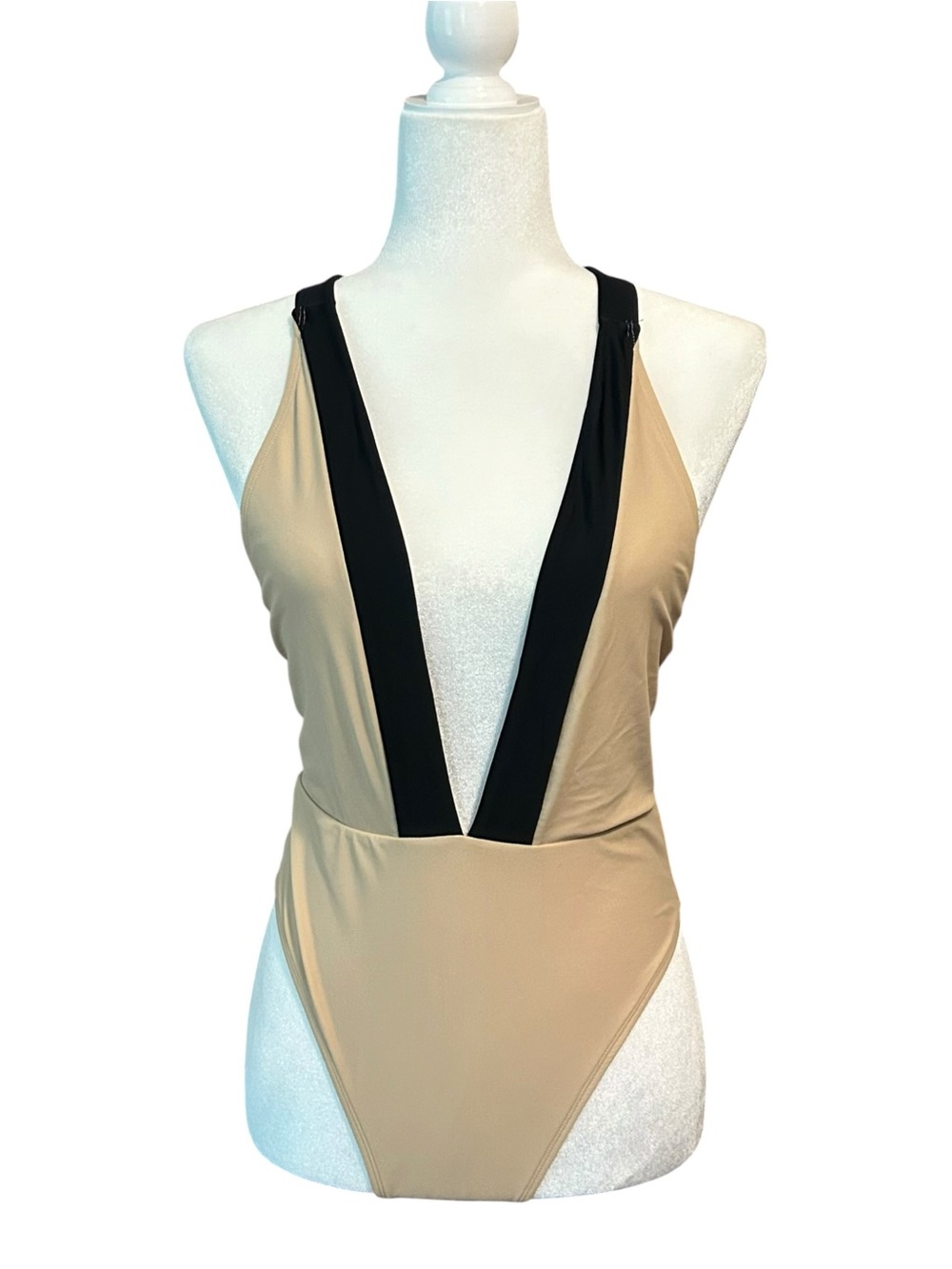 Revolve X Michael Costello tan and black sexy plunge one piece swimsuit SZ M